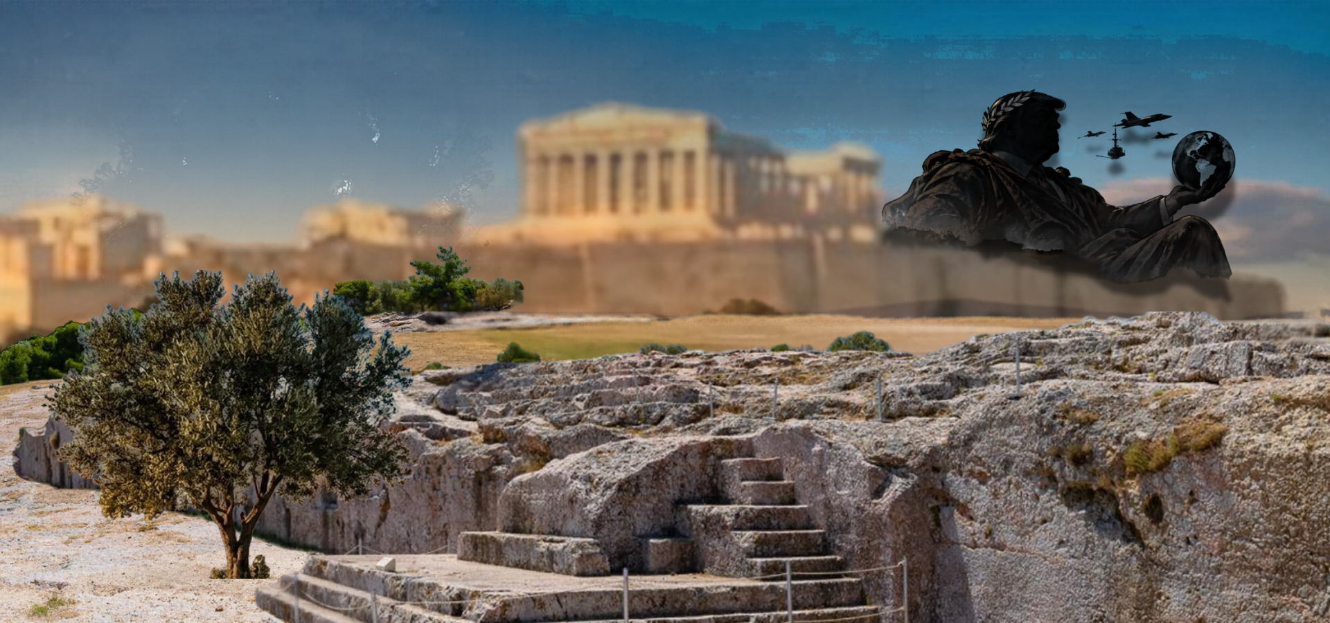 Εικαστική σύνθεση με την Πνύκα στο φως και σκιά αυτοκρατορικής εξουσίας στο βάθος